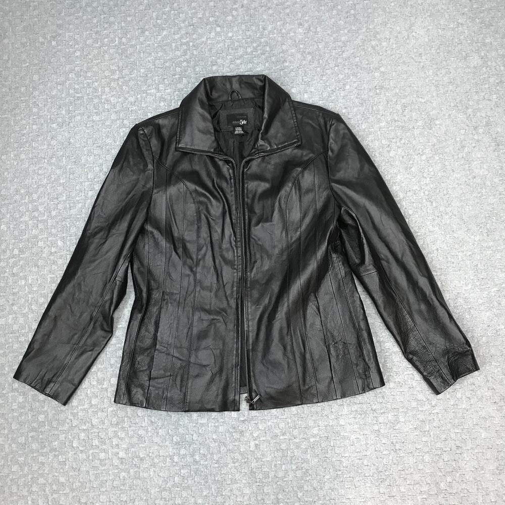 East 5th Jacket Womens Large Black Genuine Leather Zip Front Collared Lined